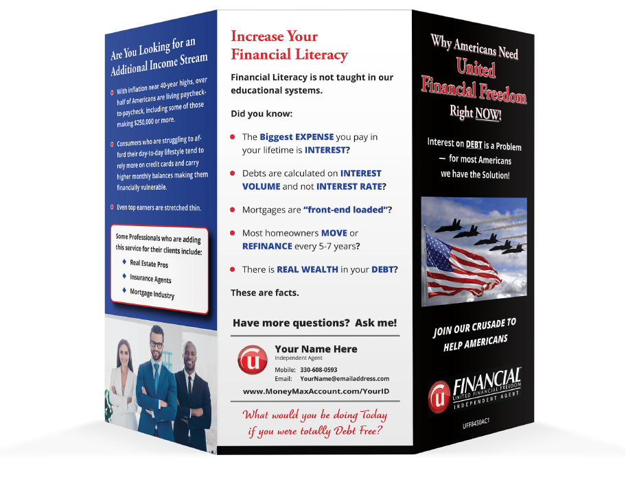 United Financial Freedom tri-fold brochure — outside with personalization on bottom of center panel